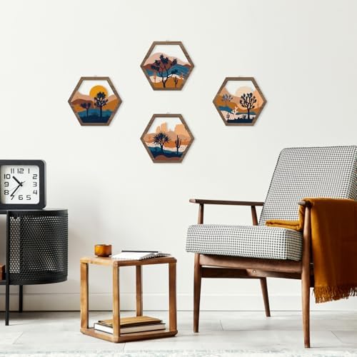 HPNIUB 4 Pcs Boho Mountains Scenery Wall Art Decor, Farmhouse Abstract Sunrise Trees Desert Cactus Hanging Wood Sign for Living Room, Aesthetic Bohemian Botanical Wooden Plaque for Apartment Bedroom(11''x9.8'') - Image 6
