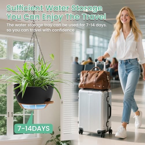 UOUZ Set of 3-10 Inch Self Watering Hanging Planters for Indoor Outdoor，Hanging Plant Pots with Drainage & Removable Tray, Hanging Pots Holder for Ivy, Pothos, Ferns, Balcony & Patio, Black with Brown - Image 6