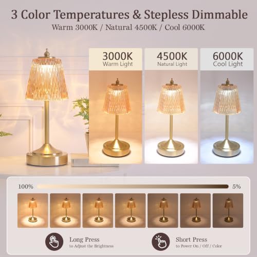 Cordless Table Lamp, Rechargeable Gold Faceted Glass Touch Lamp - Image 3
