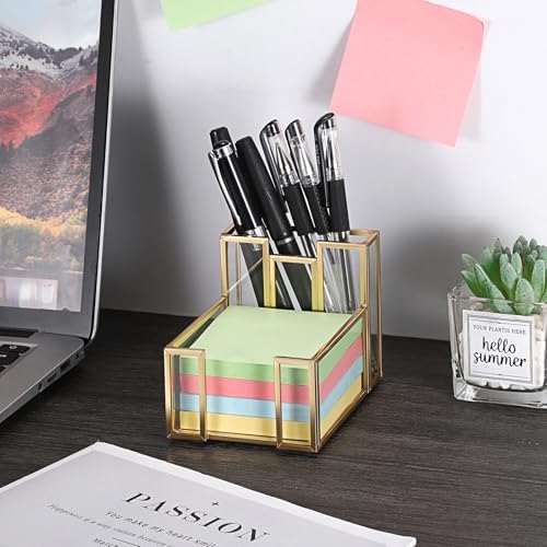 BTSKY Golden Glass 3x3 Inch Sticky Note Holder with Pen Slot - Image 2