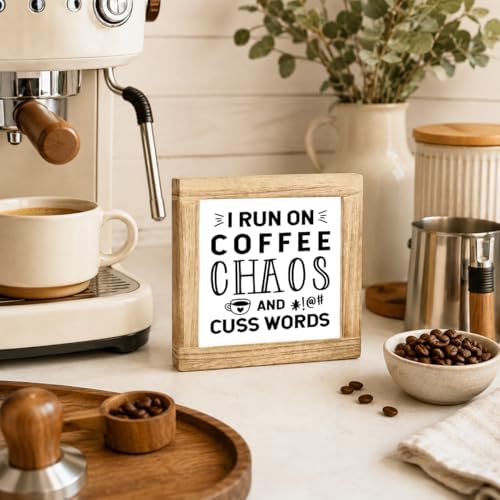 Funny Coffee Chaos Wood Sign, I Run On Coffee Chaos And Cuss Words Plaque, Sarcastic Kitchen Office Desk Decor, Rustic Shelf Sitter For Coffees Station Cubicle Home Bar, 5.9 x 5.9 in - Image 4