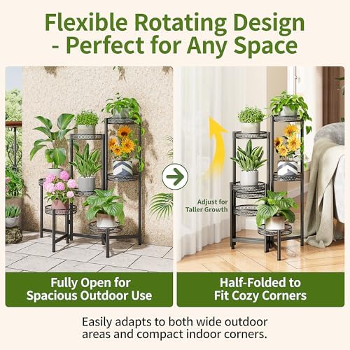 Plant Stand Indoor Outdoor, 7 Tier Large Plant Stand with 7.9-Inch Wide Drainage Tray, Tiered Corner Metal Iron Flower Display Holder Shelf, Folding Tall Rack for Patio Balcony Porch - BlackFlower - Image 4