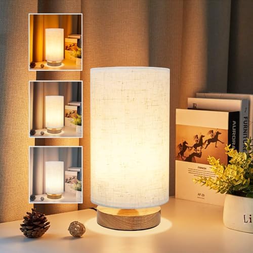 3-Color Adjustable Bedside Table Lamp for Bedroom,Minimalist Wood Base&Round Fabric Shade,Cozy Lighting Nightstand Boho Lamp,Study Reading Desk Night Stand Light for Living Room,Office,kitchen,Nursery by UCHENTON