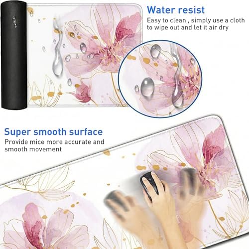 Pink Desk Mat, Aesthetic Floral Large Mouse Pad, 35.4 x 15.7 Inch XXL Keyboard Mat Non-Slip Waterproof Desk Pad, Full Desk Protector for Women Office Home (Pink) - Image 4
