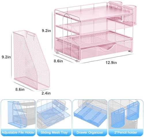 gianotter Wood Desk Organizers and Accessories with File Holder, 4-Tier Desk Accessories & Workspace Organizers with Drawer and 2 Pen Holder, Desk Reference Organizer (Pink, 4T with Metal Drawer) - Image 5