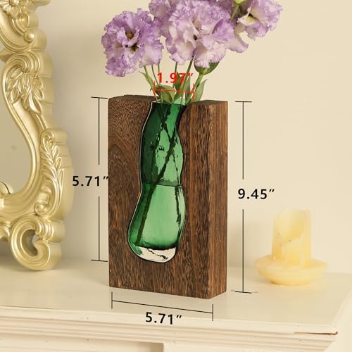 Wood and Glass Inlay Vases Farmhouse Wooden Glass Flower Vase Solid Wood Glass Vase Home Decor Vases for Centerpiece (9.45 Inches) - Image 5