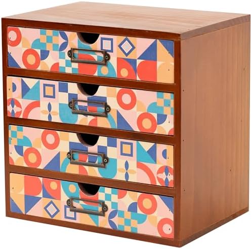 Add Color To Your Desk - MCM Geometric Wooden Desk Organizer - Desktop Storage with 4-Drawer - Wood Cabinet for Office Supplies, Craft Tools, & Home, Countertop, Tabletop Organization by Woodaholic