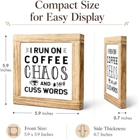 Funny Coffee Chaos Wood Sign, I Run On Coffee Chaos And Cuss Words Plaque, Sarcastic Kitchen Office Desk Decor, Rustic Shelf Sitter For Coffees Station Cubicle Home Bar, 5.9 x 5.9 in - Image 2