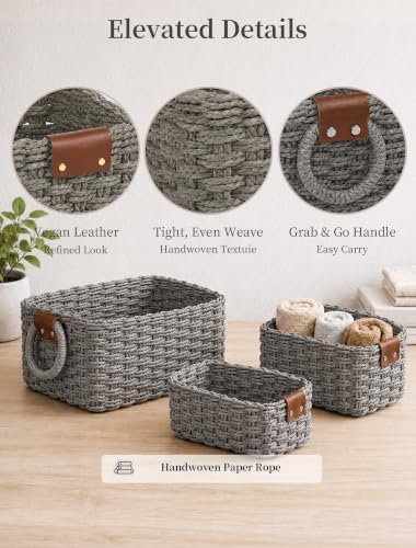 Small Wicker Baskets, 3 PCS Paper Rope Baskets for Shelves, Gray - Image 4