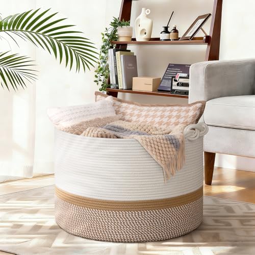 CherryNow 22"x22"x14" Large Blanket Basket, Home Décor for Living Room Bedroom, Cotton Rope Laundry Basket for Clothes Pillows, Baby Fall Decorations for Home Toy Storage, White & Camel - Image 2