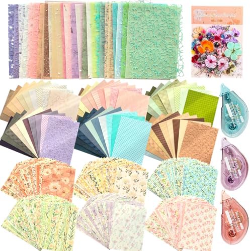 Flartmo Scrapbook Supplies Kit with 246 Sheets Textured & Floral Scrapbook Paper, 50 Pcs Flower Scrapbook Sticker & 3 Rolls Double-Sided Tape for Scrapbooking, Junk Journal, Card Making, Embellishment by Flartmo