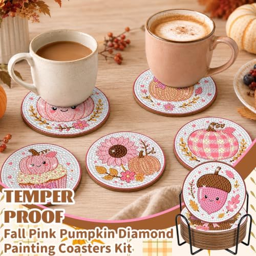 8 Pcs Fall Diamond Art Coasters with Holder Autumn Pumpkin Maple Leaf Kit - Image 4