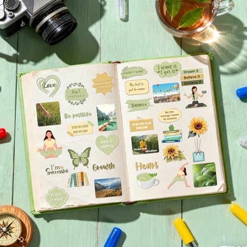 Green Vision Board Stickers - 50 Pcs Travel Planner Waterproof Supplies Kit for Adults Women Girls Forest Tree Inspirational Aesthetic Mental Health Decals for Kindle Book Scrapbooking Journal - Image 3