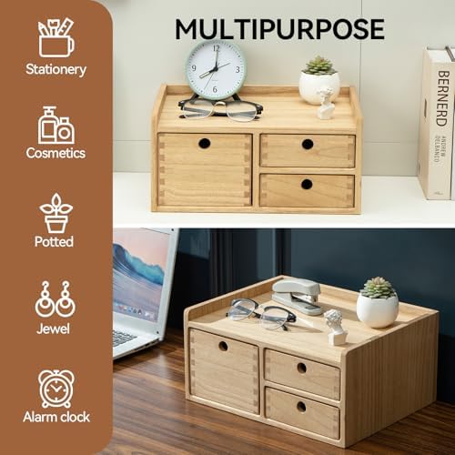KIRIGEN Wooden Desk Organizer with 3 Drawers and Top Tray Natural DT1D3C-NA - Image 6