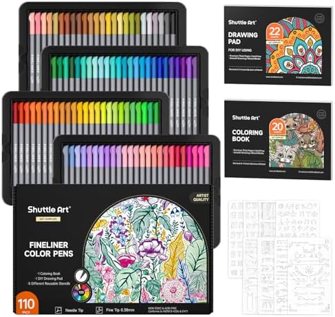 Shuttle Art Fineliner Colored Pens, 100 Colors 0.38mm Fine Point Pens with Stencils & Adult Coloring Books for Coloring, Drawing, Detailing, Writing Note Taking Calendar and Journal Art Projects by ShuttleArt