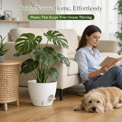 Plant Pots, 1 Pack 12 Inch Self Watering Pots with Drainage Holes, Water Level Indicator Deep Reservoir, Large Planters for Indoor Outdoor Plants - White - Image 5