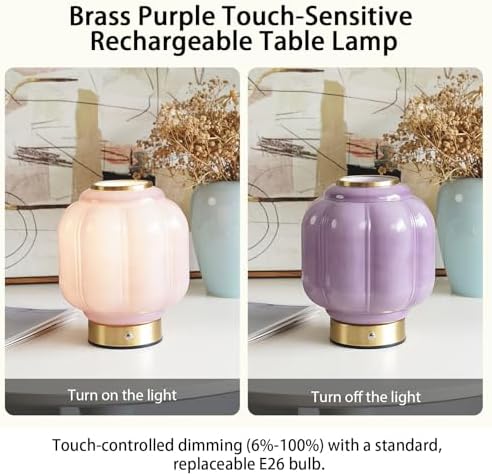 Mushroom Lamp, Cordless Rechargeable Table Lamp with Brass Base & Purple Glass Shade, 4W Dimmable Bedside Table Lamp, Small Vintage Desk Light for Mid Century Modern Home Decor (Purple) - Image 5
