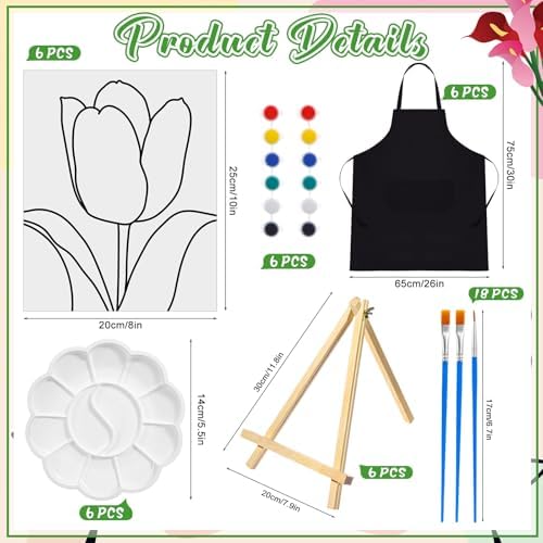 Motipuns 6 Set Pre Drawn Canvas for Painting for Adults Sip and Paint Kit with Easels 8 x 10 Inches Paint Party Kit with Printed Canvas Paints Brushes Palette Apron(Tulip) - Image 3