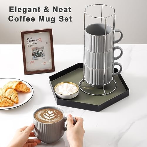 Hasense Coffee Mugs Set, Stacking Tea Cups Set of 4 with Holder - 15 oz Large Ceramic Ribbed Latte Cup Set for Cappuccino, Tea, Hot Cocoa, Drinks - Dishwasher & Microwave Safe, Grey - Image 5