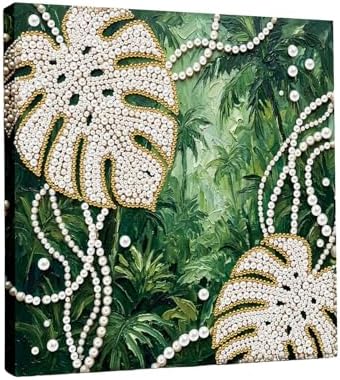 LQCrafK DIY Pearl Art Painting Handcraft Kit for Adults Beginners with Tools and Framed Painting, Creative Design,Self-Adhesive, Healing Stress-Relieving Home Wall Decoration-Monstera Leaves by LQCrafK