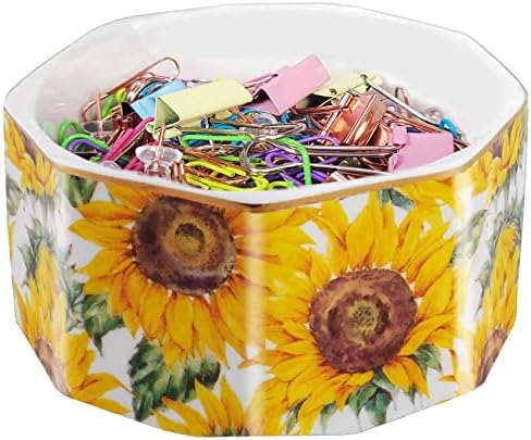Ceramic Paper Clip Holder Gold Line Paper Clip Dispenser Organizer for Desk Cute Floral Flower Pattern Office Binder Clip Holder Bobby Pin and Hair Clip Holder Gift for Office Sunflowers by LEAZUL