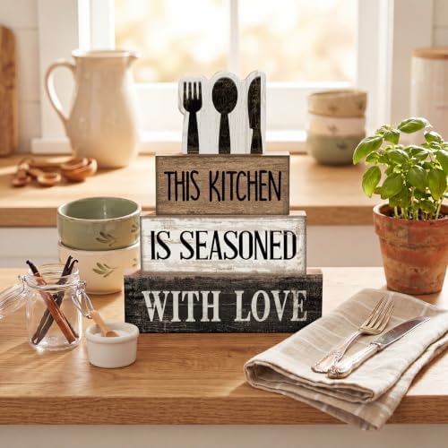 Moucuny 4 Pcs Kitchen Decor Wooden Signs, Farmhouse Tableware Tiered - Image 5