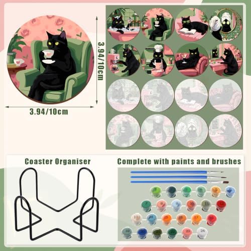 Reallnaive 8 Pcs Black Cat Paint by Numbers Kit for Adults Wooden Coasters - Image 3