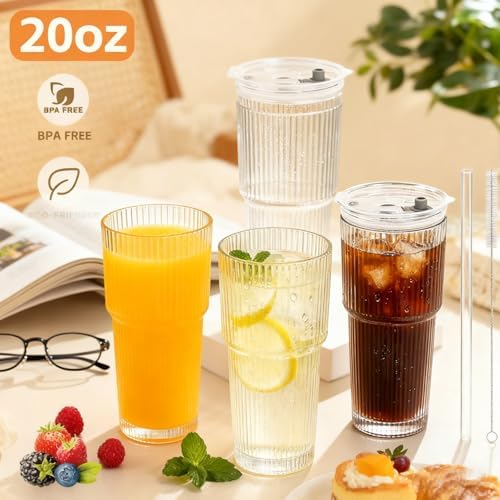 Glass Cups with Lids and Straws, 20oz Ribbed Glass Tumbler for Iced Coffee, Clear Drinking Glass with Reusable Glass Straw, Leak-Resistant Lid, Fit for Cup Holder, Dishwasher Safe - Image 7