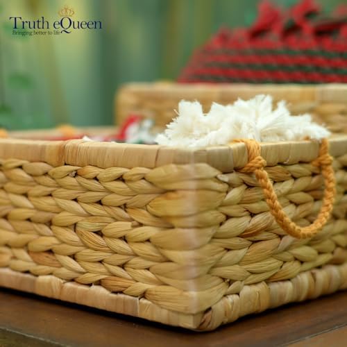 Small Woven Storage Basket with Macrame Handle, 12x9x5 Water Hyacinth Wicker Basket for Blankets, Rectangular Seagrass Basket for Shelf, Bathroom, Nursery, Handwoven Natural Organizer - Image 2