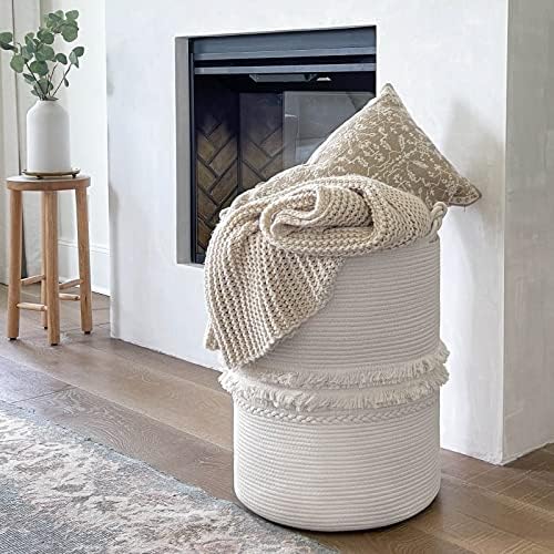 CherryNow 70L Woven Rope Laundry Basket with Tassel, 16" x 22", White - Image 5