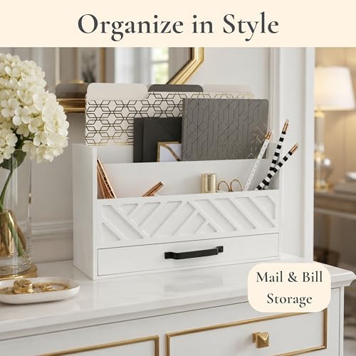 BLU MONACO | Wooden Mail Organizer with Drawer | Mail Organizer Countertop with 6 Compartments | Bill Holder for Desk | White Desktop Mail Sorter - Image 4