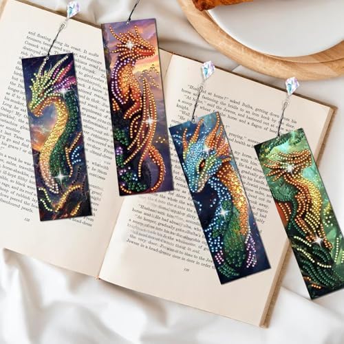 5D DIY Diamond Art Bookmarks Kit Dragon 6 PCS Acrylic Diamond Painting Bookmarks Kits with Tassels Double Side, Rhinestone Crafts Decoration Gift Set for Book Lovers Beginners & Adults (Partial Drill) - Image 2