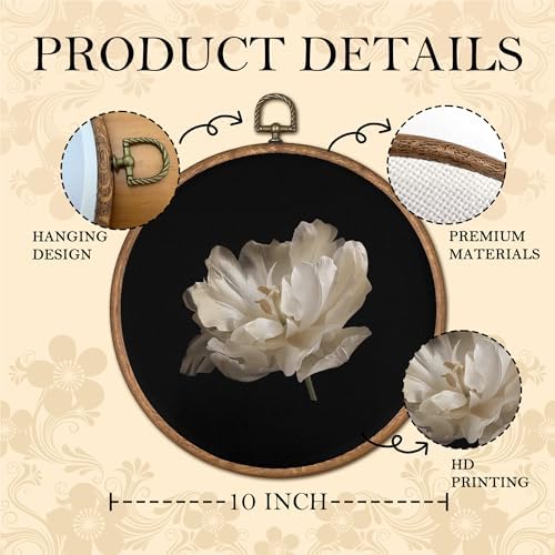 OFJE Vintage Moody White Peony Floral Wall Art Decor, Dark Academia Floral Round Wall Hanging Decor, Rustic Cottagecore Flower Framed Canvas Prints for Home Bedroom Living Room Decorations, 10x10 Inch - Image 6