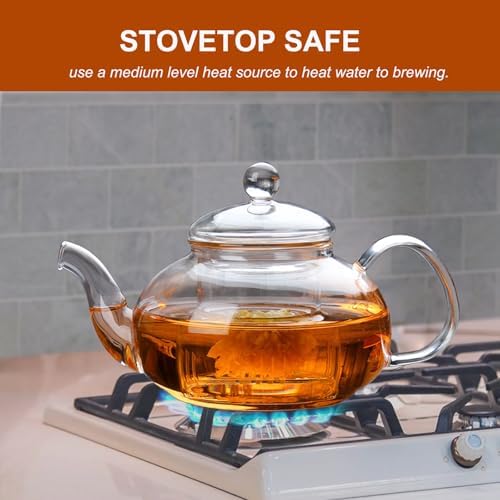 Glass Teapot Stovetop Safe, Heat-Resistant Clear Teapot with Removable glass Infuser, Loose Leaf and Blooming Tea Maker （20.3 OZ) - Image 3