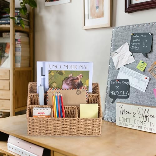 DINGTAI Rattan Desk Organizer, Tabletop Mail Holder, 5 Slot Mail Organizer Countertop Basket, Rattan Office Supplies, Boho Office Desk Accessories, Wicker Desk Organizer, Magazine Holder（Wicker） - Image 4