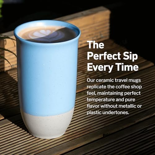 NOVA CERAMICS Travel Mug - Ceramic Coffee Mug With Lid – Microwave & Dishwasher Safe Coffee White & Grey Tumbler - Fits In Cup Holder – 16oz – Coastal Drift - Image 4