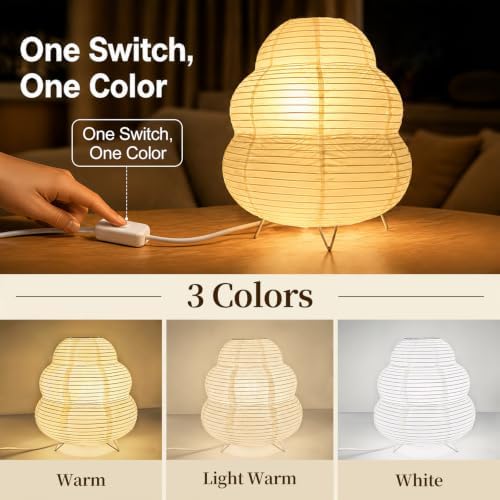 Cute Paper Lamp, 3 Color Ambient Lighting Lamp, Cozy Accent Side Table Lamp, Small Warm Glow Light for Bedroom Living Room Desk (White, 10inch) - Image 3