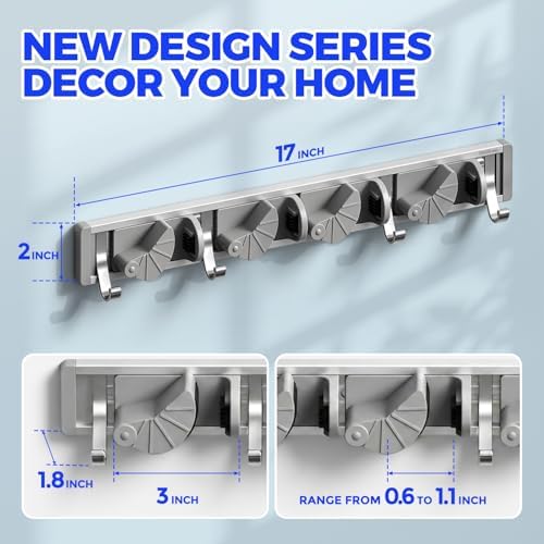 Holikme Mop Broom Holder Wall Mount Metal Pantry Organization and Storage Garden Kitchen Tool Organizer Wall Hanger for Home Goods (4 Positions with 4 Hooks, Silver) - Image 6