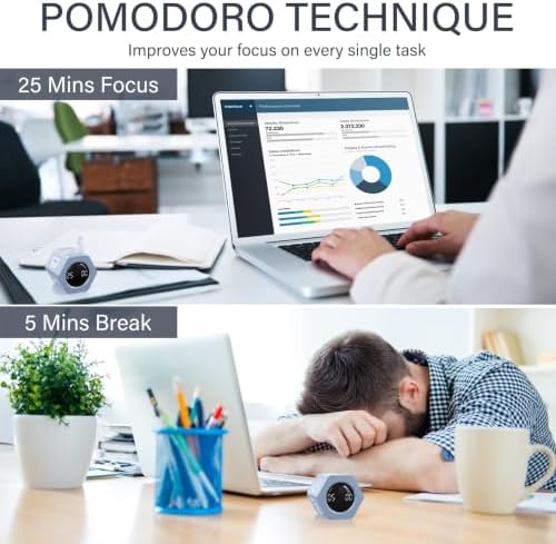 Rotating Productivity Timer 5, 25, 10 30,60 Mins Preset Stopwatch, Desk Flip ProductivityTimer, ADHD Tool Hexagon, Vibration/Mute/Alarm, for Work, Study, Back to School, Kitchen, Blue - Image 3