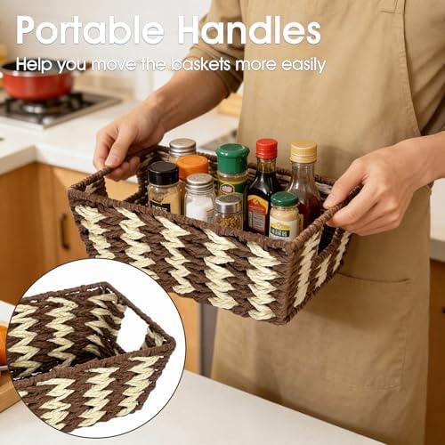 Paper Rope Storage Baskets for Shelves Organizing, Small Hand Woven Wicker Organizer Basket with Handle for Bathroom Toilet Paper Storage, Beige and Brown, 3-Pack - Image 4