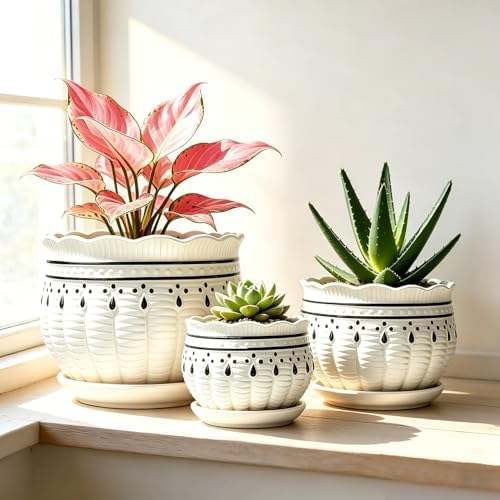 Vintage Flower Pots for Indoor Plant, Round Ceramic Plant Pots with Drainage Holes and Saucers, 6.7/5.2/3.9 Inches Retro Flower Planters Set of 3 - Image 3