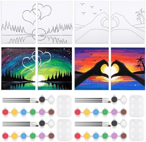 Sip and Paint Kit for Adults,Pre Drawn Canvas 4 Pack Painting Kit Party Date Night Couples Paint Art Canvas Set Valentine 8x10 in by VOCHIC