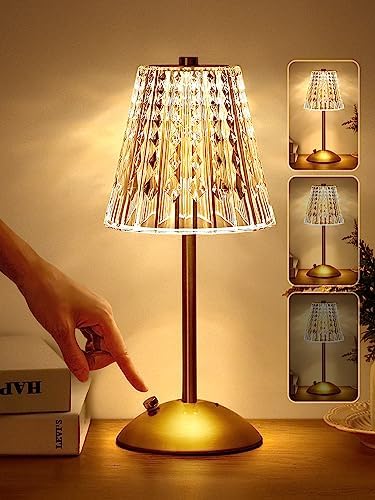 Crystal Cordless Lamp, Dimmable+3 Colors Rechargeable Lamp, Touch+2000mAh Battery Operated Vintage Ambient Light for Kitchen/Bedroom/Bathroom Shower, College Gifts, Mothers Day Gifts for Wife Daughter by OneFire