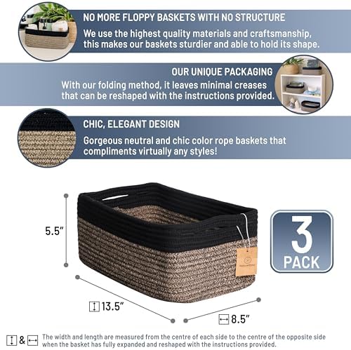 NaturalCozy 13.5”x8.5”x5.5” Rectangle Storage Baskets for Shelves 3 Pack | Cotton Rope Woven Small Baskets for Organizing | Small Storage Bins for Nursery, Bathroom, Closet, Shelf, Decorative - Image 2