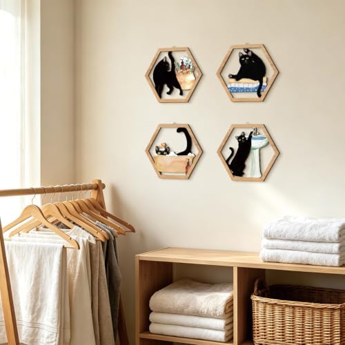 HPNIUB Funny Bathrooms Wall Decor, Black Cats In the Bath Wood Sign, 4 Pieces Farmhouse Wooden Hanging Sign for Toilet Powder Room Restroom Wall Decoration, Lovely Cat Gifts(11''x9.8'') - Image 6