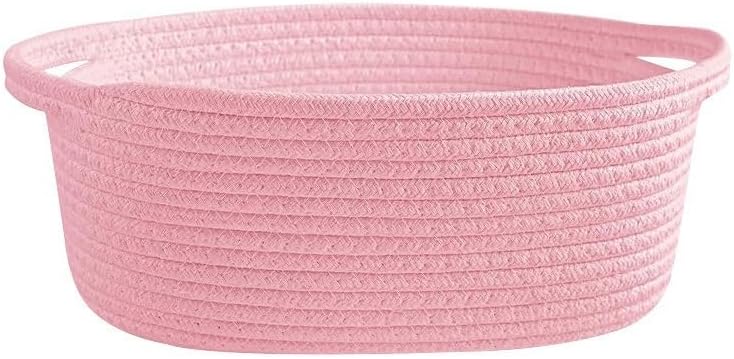Woven Cotton Rope Storage Basket with Handle, Round Home Storage Basket for Home Organization and Gift Organizer, Home Organizer, Bedroom, Living Room, 12 x 8 x 5 Inch (Pink) by Unknown