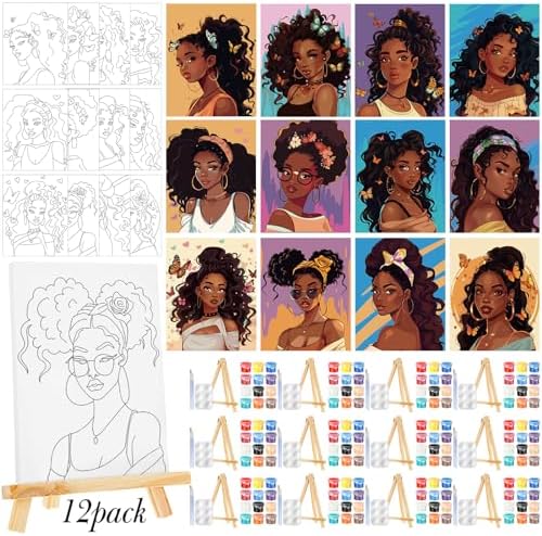 Zhanmai 72 Pcs 12 Sets Sip and Paint Kit Pre Drawn Canvas for Painting 8" x 10" Paint Party Canvas Painting Pre Printed Canvases for Party DIY Virtual Adult's Date Night(Charming Women) by Zhanmai