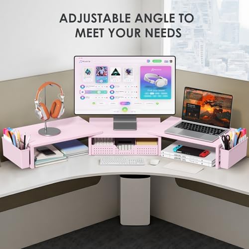 OPNICE Desk Organizers and Accessories, Dual Monitor Stand Riser with Drawer and 2 Pen Holders, Desk Shelf Printer Stand for Office Workspace Organizers, Desktop Organization (Pink) - Image 6