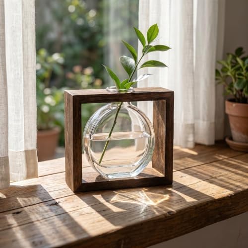 Healifty Glass Vase with Wooden Stand for Fresh Flowers and Plants, Minimalist Modern Hydroponic Flower Arrangement Bottle with Detachable Wood Frame, Easy Cleaning, for Desktop and Meeting - Image 5