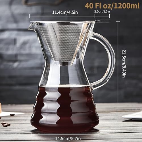 Unbreakable - Pour Over Coffee Maker with Permanent Stainless Filter 40 fl oz, Thickened Heat-Resistant Borosilicate Glass Dripper Coffee Brewer, Stovetop Safe - Image 4